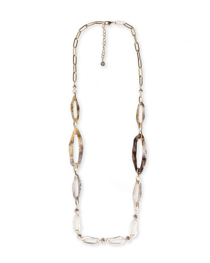 Collana lunga con catena in metallo ed inserti in acrilico tono marrone