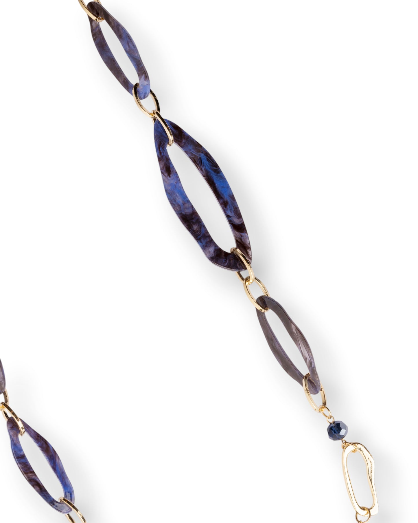 Collana lunga con catena in metallo ed inserti in acrilico tono blu