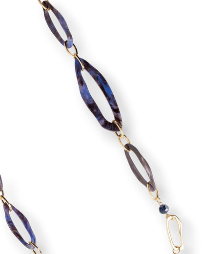 Collana lunga con catena in metallo ed inserti in acrilico tono blu