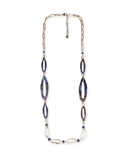 Collana lunga con catena in metallo ed inserti in acrilico tono blu