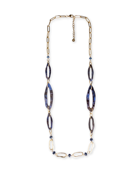 Collana lunga con catena in metallo ed inserti in acrilico tono blu