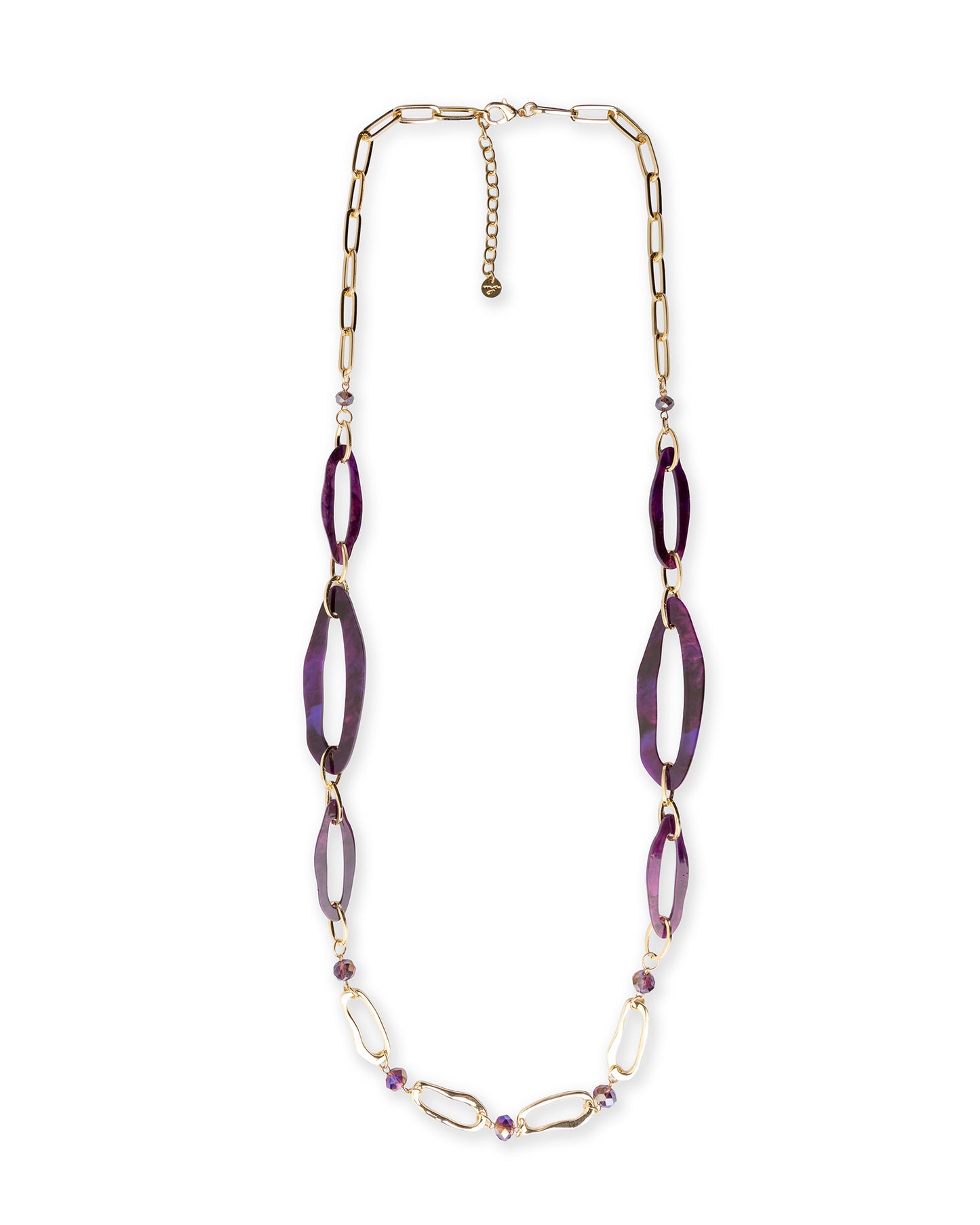 Collana lunga con catena in metallo ed inserti in acrilico tono viola