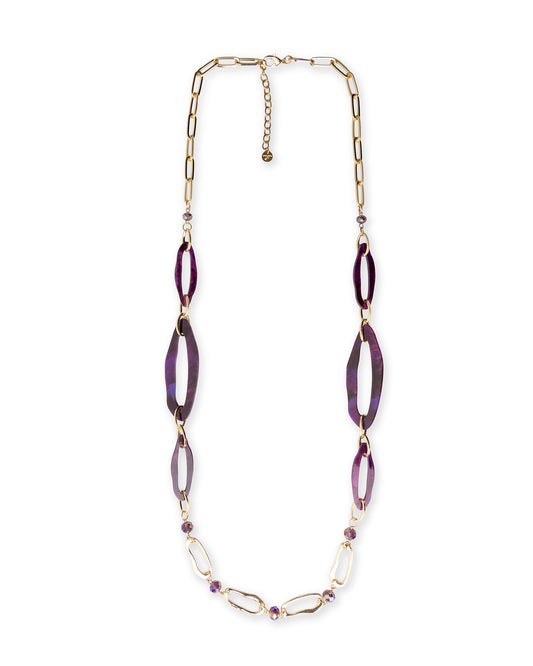 Collana lunga con catena in metallo ed inserti in acrilico tono viola