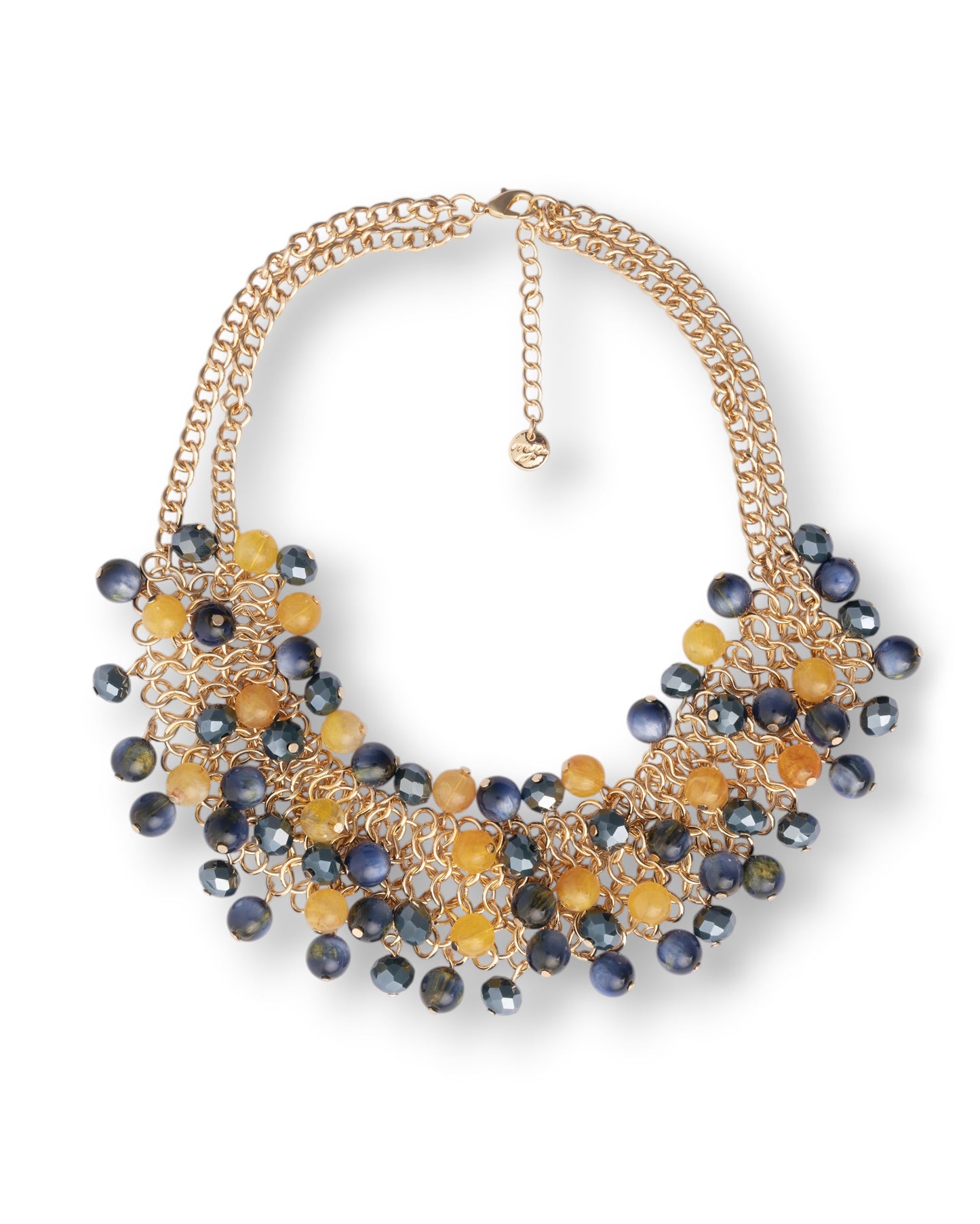 Collana girocollo a due fili con sfere in vetro ed acrilico gialle e blu