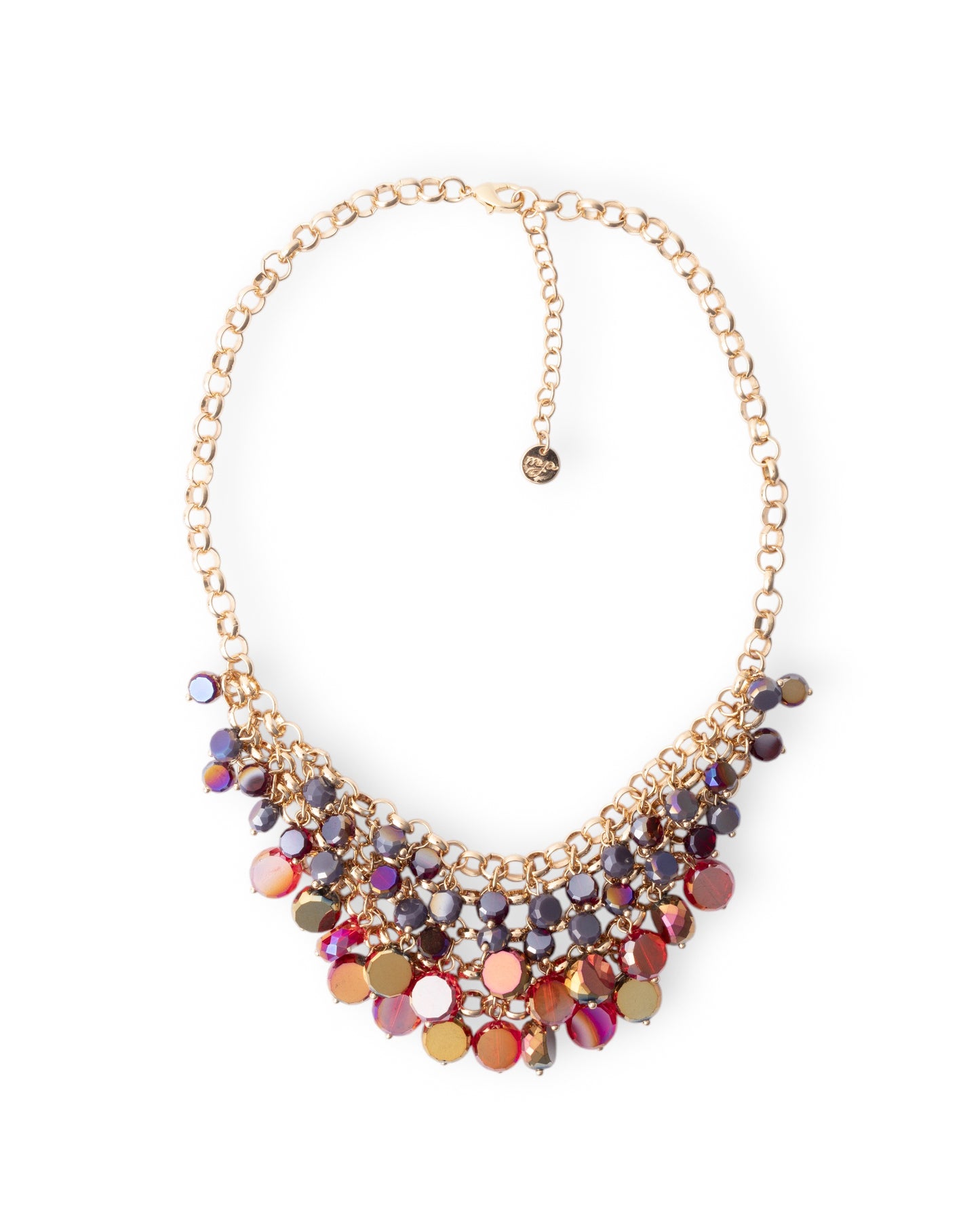 Collana girocollo a catena con cascata di pietre in vetro tono viola e rosso