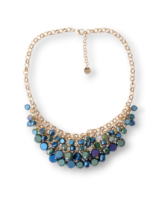 Collana girocollo a catena con cascata di pietre in vetro tono blu