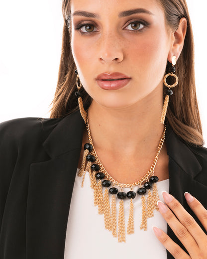 Collana girocollo a catena con pietre nere in vetro e frange pendenti