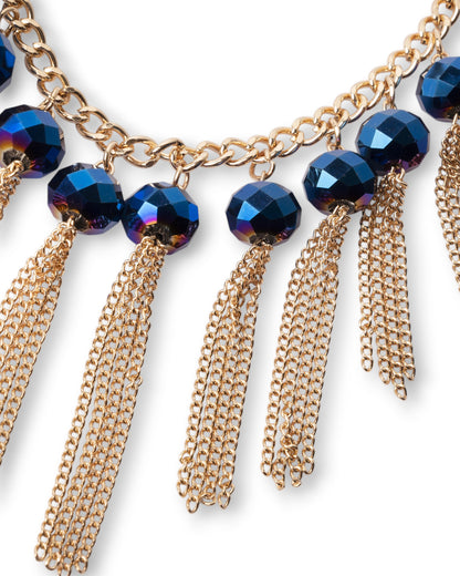 Collana girocollo a catena con pietre blu in vetro e frange pendenti