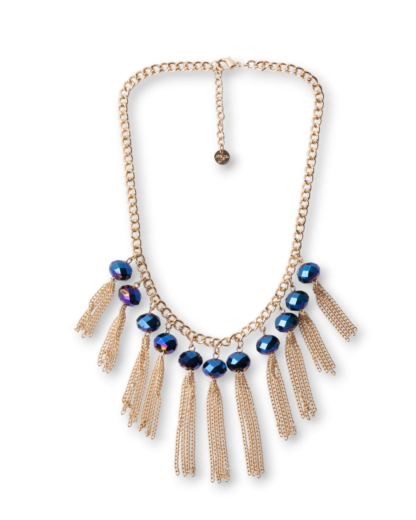 Collana girocollo a catena con pietre blu in vetro e frange pendenti