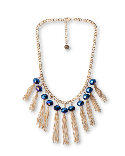Collana girocollo a catena con pietre blu in vetro e frange pendenti