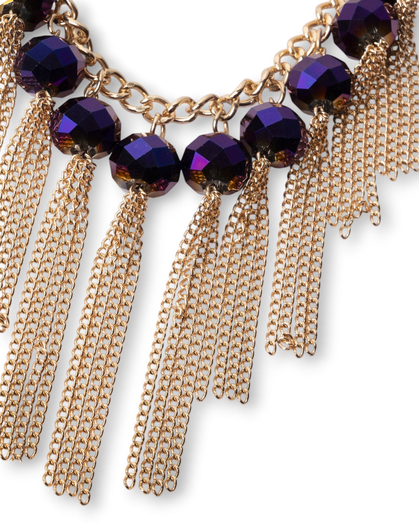Collana girocollo a catena con pietre viola in vetro e frange pendenti