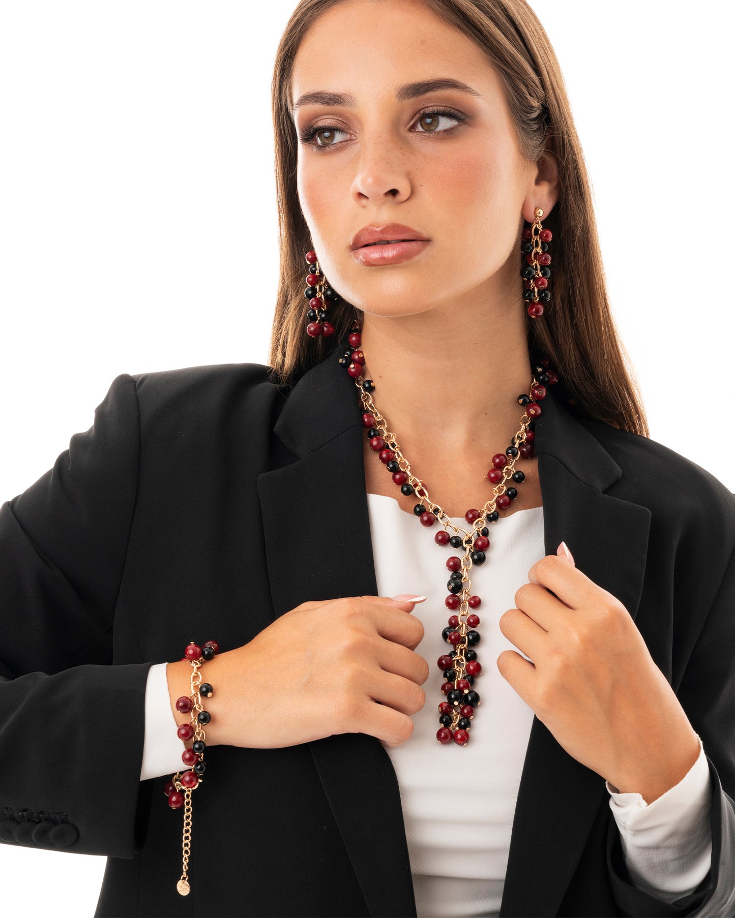 Collana girocollo a catena con sfere pendenti in acrilico nere e rosse