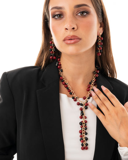 Collana girocollo a catena con sfere pendenti in acrilico nere e rosse