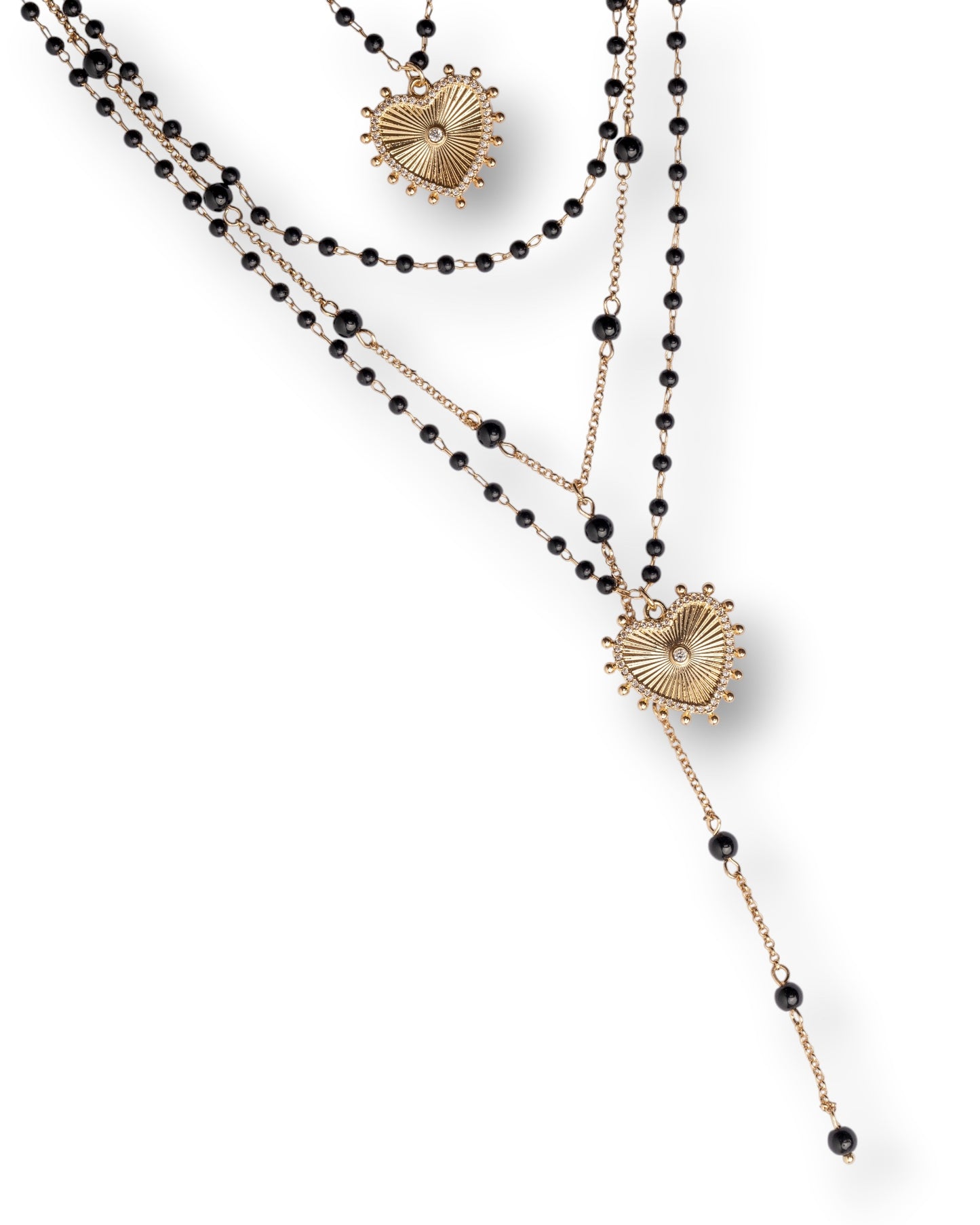 Collana multi fili con pietre in vetro nere e pendenti a cuore