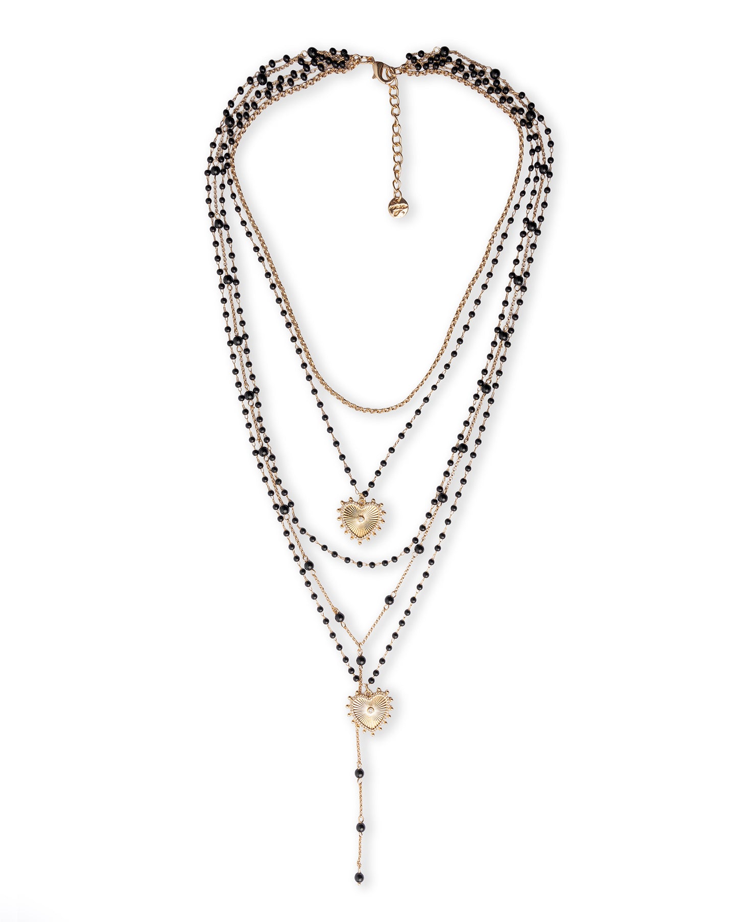 Collana multi fili con pietre in vetro nere e pendenti a cuore