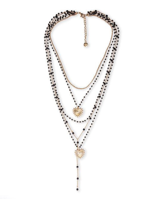 Collana multi fili con pietre in vetro nere e pendenti a cuore