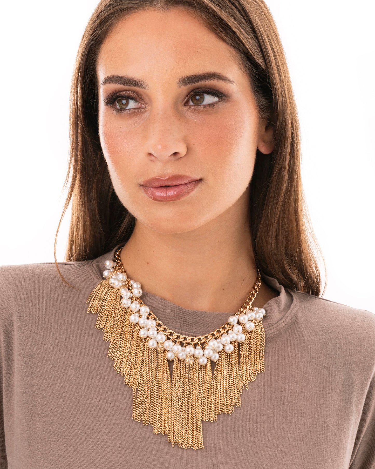 Collana girocollo a catena con sfere in vetro effetto perlato e frange pendenti