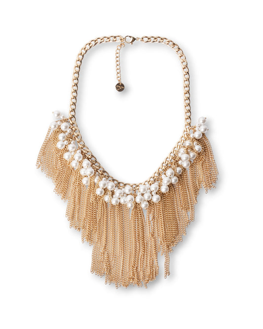 Collana girocollo a catena con sfere in vetro effetto perlato e frange pendenti