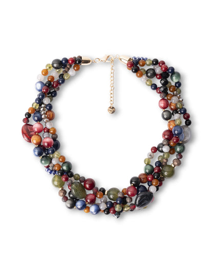 Collana girocollo con pietre intrecciate in acrilico e vetro multicolore