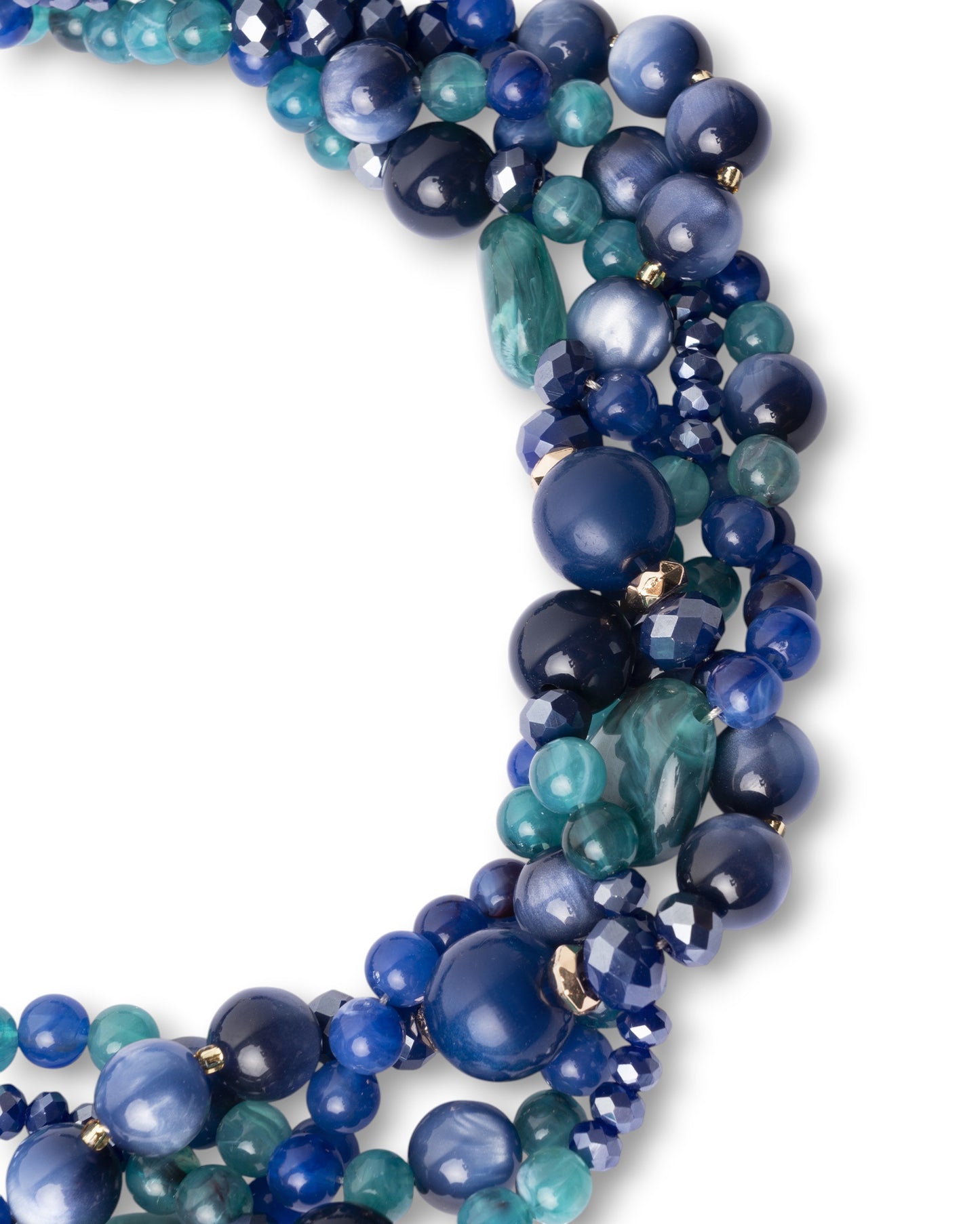 Collana girocollo con pietre intrecciate in acrilico e vetro tono blu