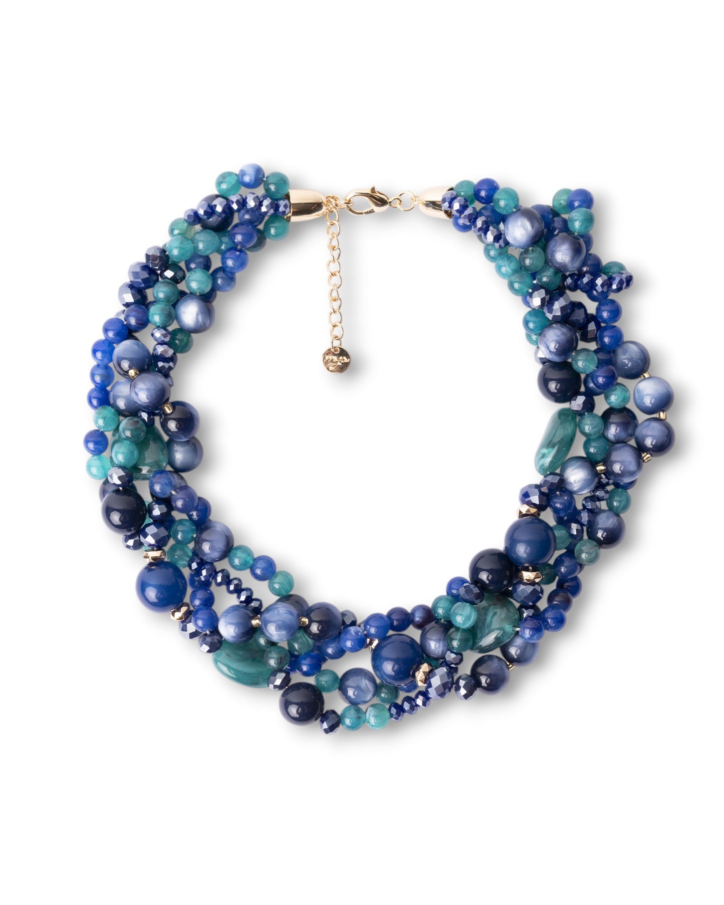 Collana girocollo con pietre intrecciate in acrilico e vetro tono blu