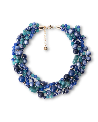 Collana girocollo con pietre intrecciate in acrilico e vetro tono blu