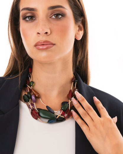 Collana girocollo multi fili con pietre in acrilico multicolore