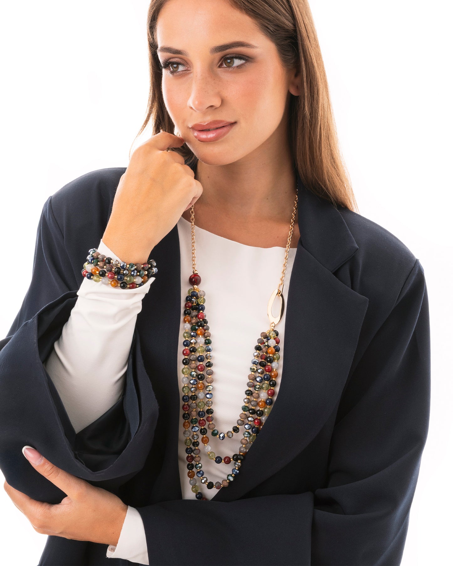 Collana lunga a catena con multi fili di pietre in acrilico multicolore