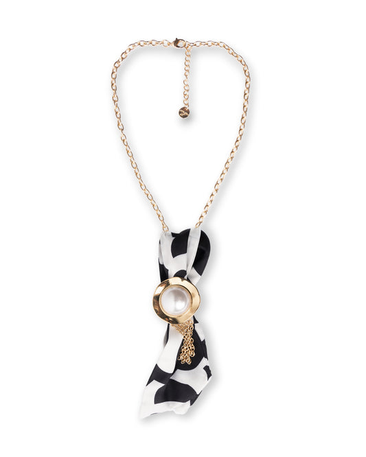 Collana girocollo a catena con cravattino in tessuto bianco e nero