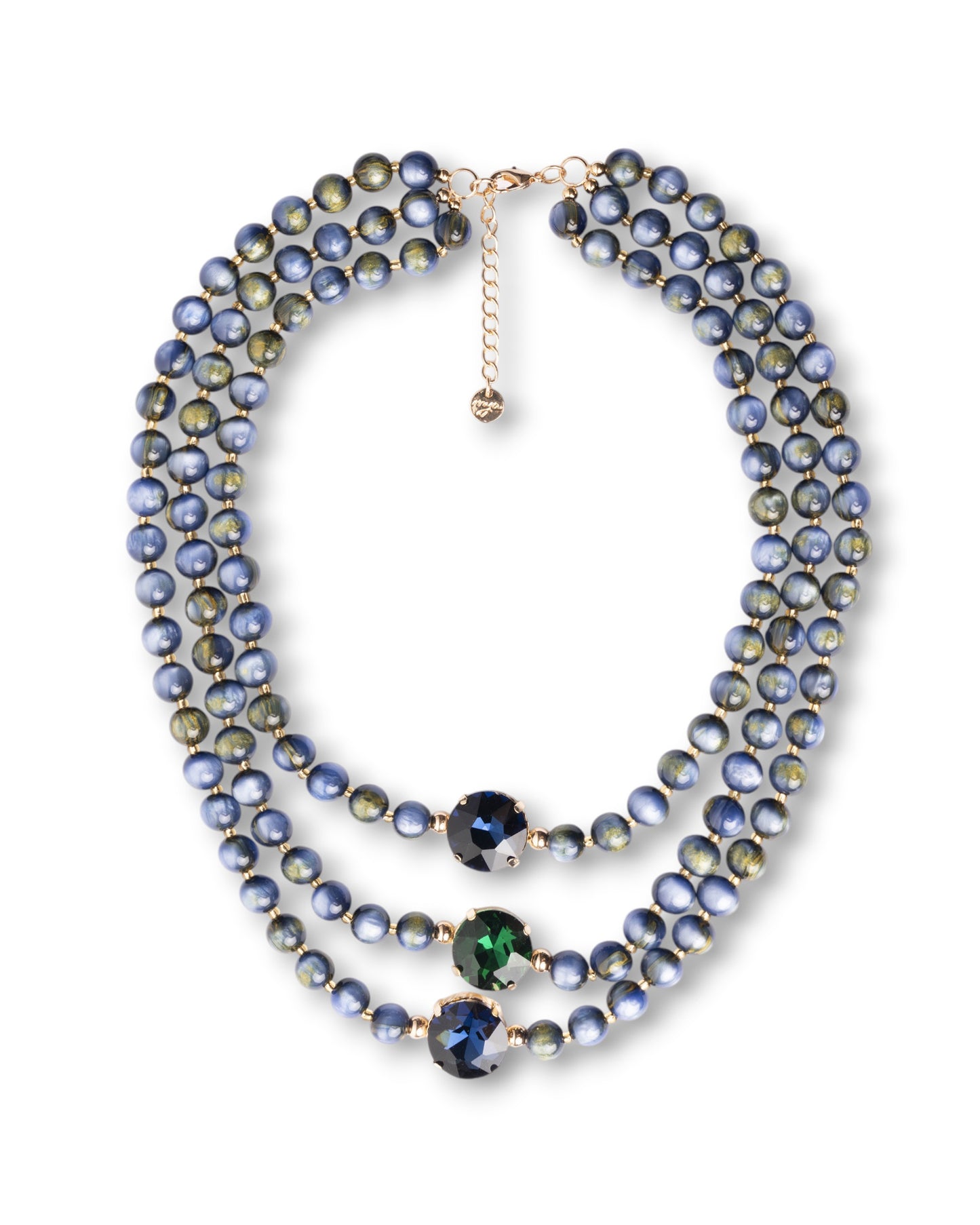 Collana a tre fili con sfere in acrilico e pietre in vetro tono blu e verde