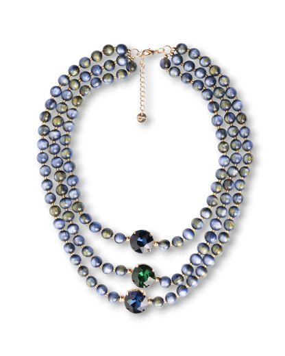 Collana a tre fili con sfere in acrilico e pietre in vetro tono blu e verde