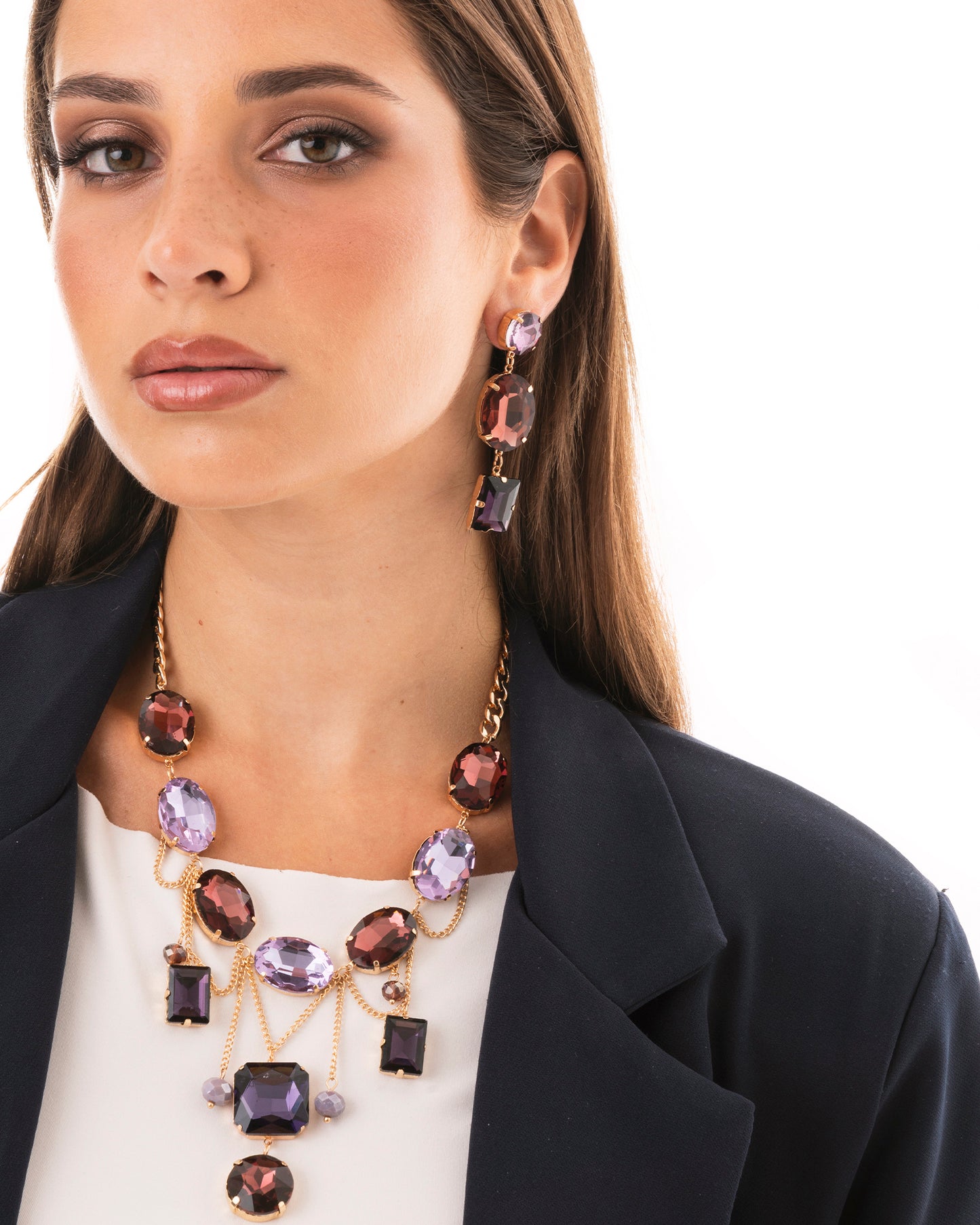 Collana girocollo a catena con pietre in vetro pendenti tono viola