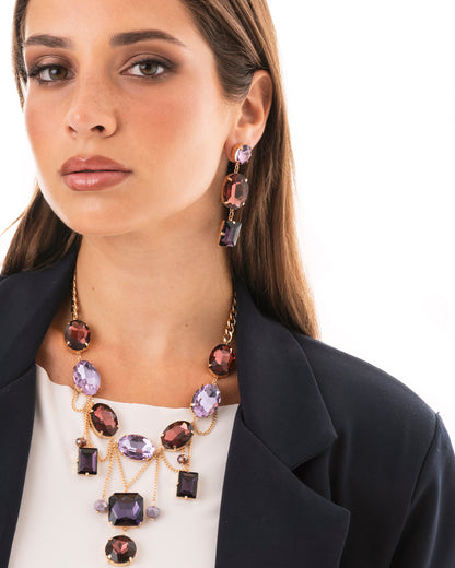 Collana girocollo a catena con pietre in vetro pendenti tono viola