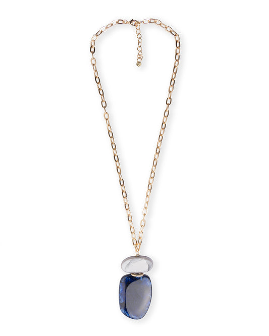 Collana lunga a catena con pendente in acrilico tono blu e grigio