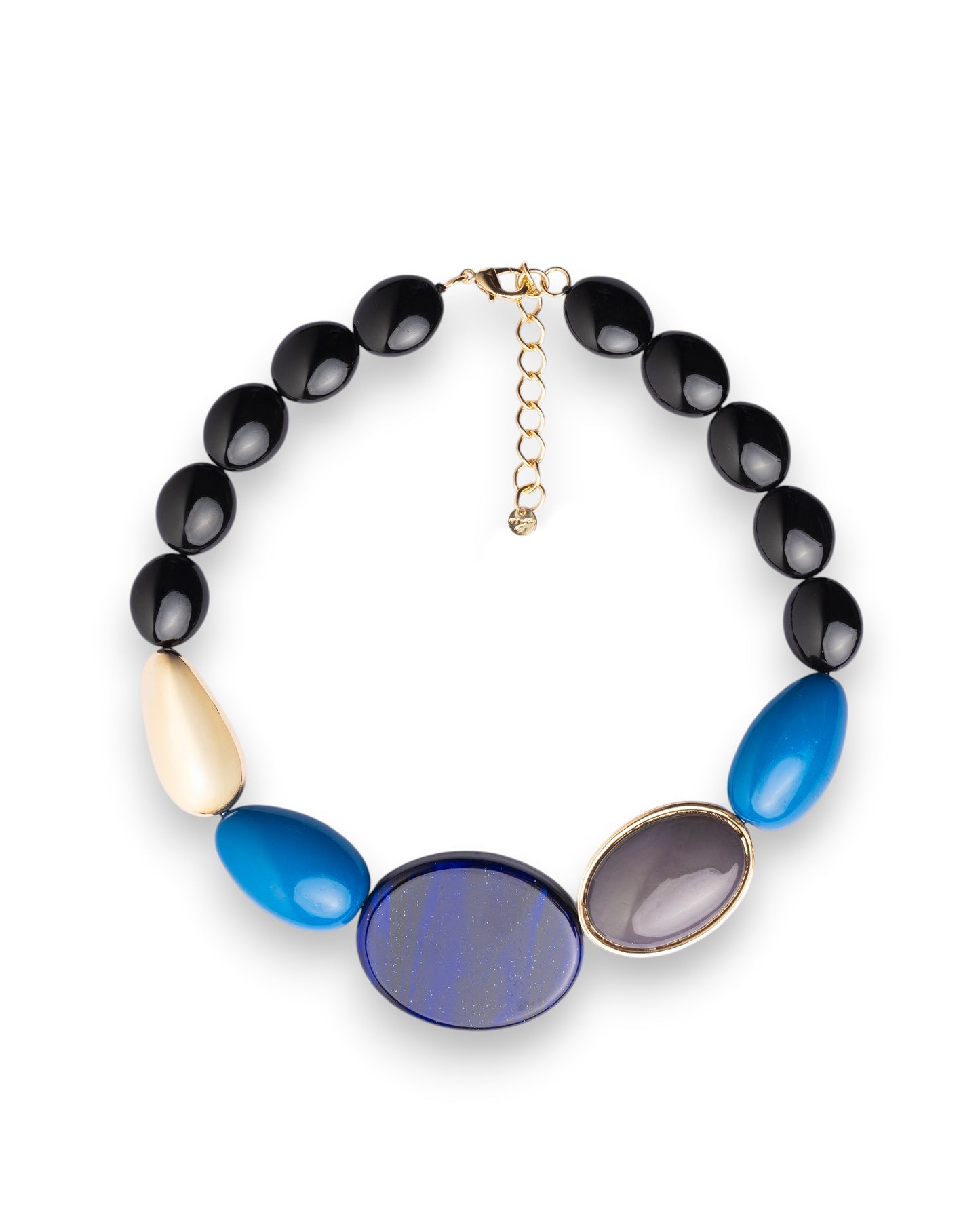 Collana girocollo con pietre in resina nere ed inserti in acrilico tono blu e grigio