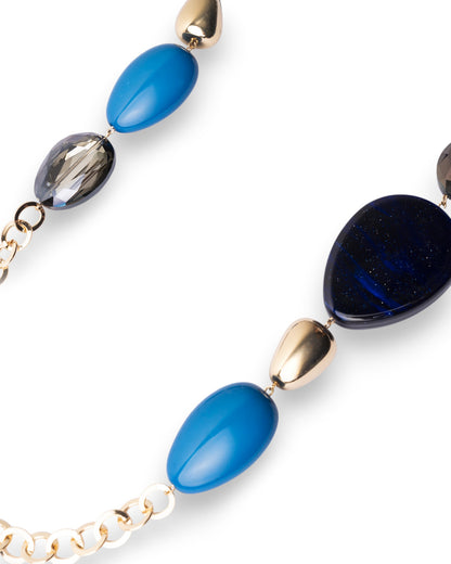 Collana lunga a catena con inserti in acrilico e vetro tono blu e grigio