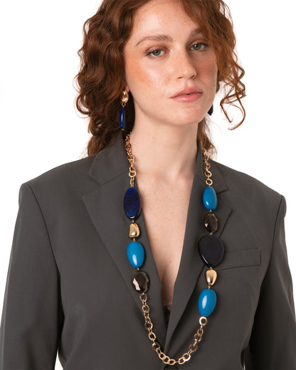 Collana lunga a catena con inserti in acrilico e vetro tono blu e grigio