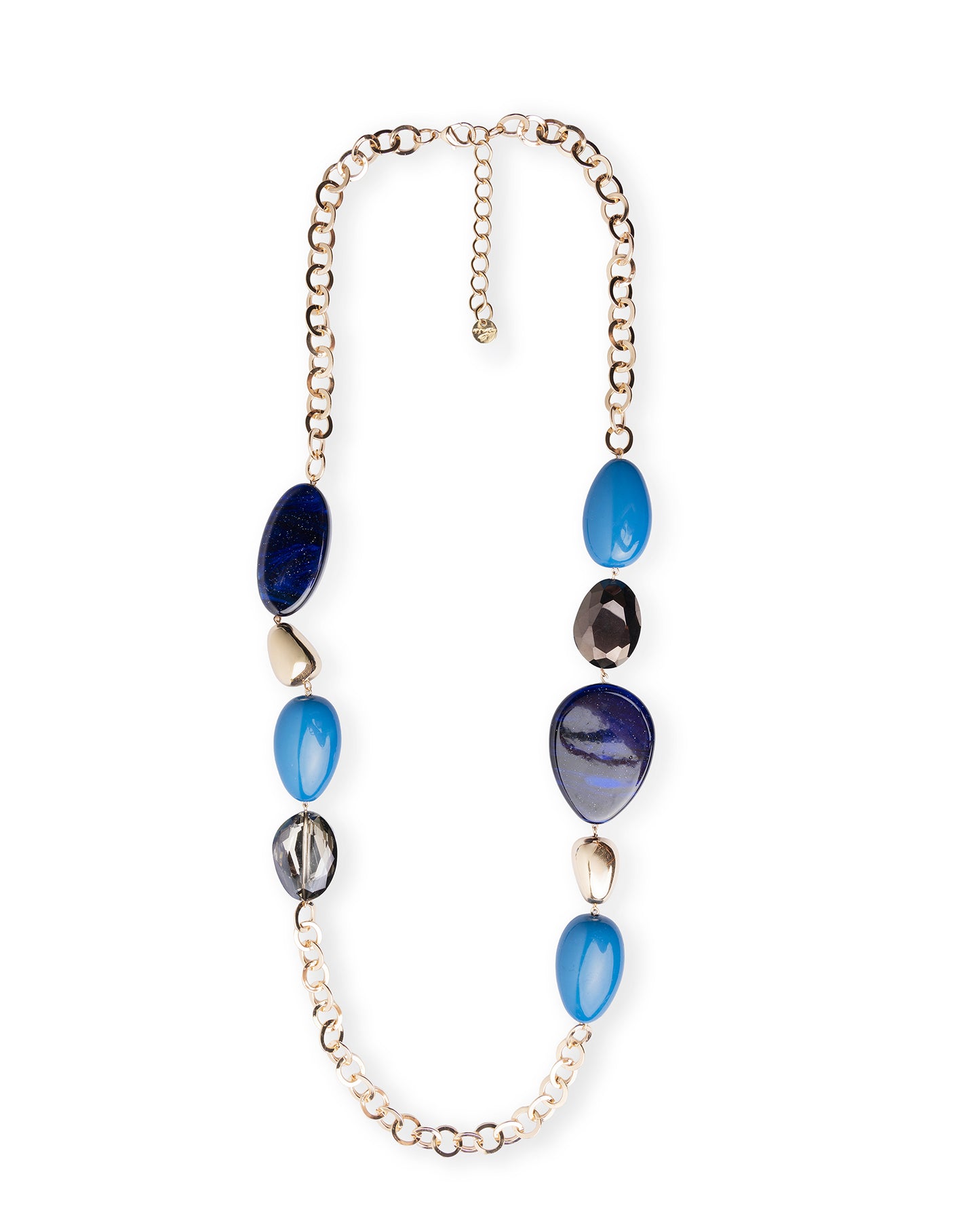 Collana lunga a catena con inserti in acrilico e vetro tono blu e grigio