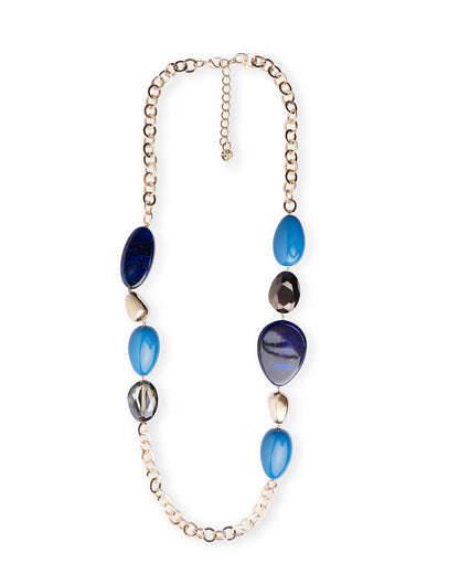 Collana lunga a catena con inserti in acrilico e vetro tono blu e grigio