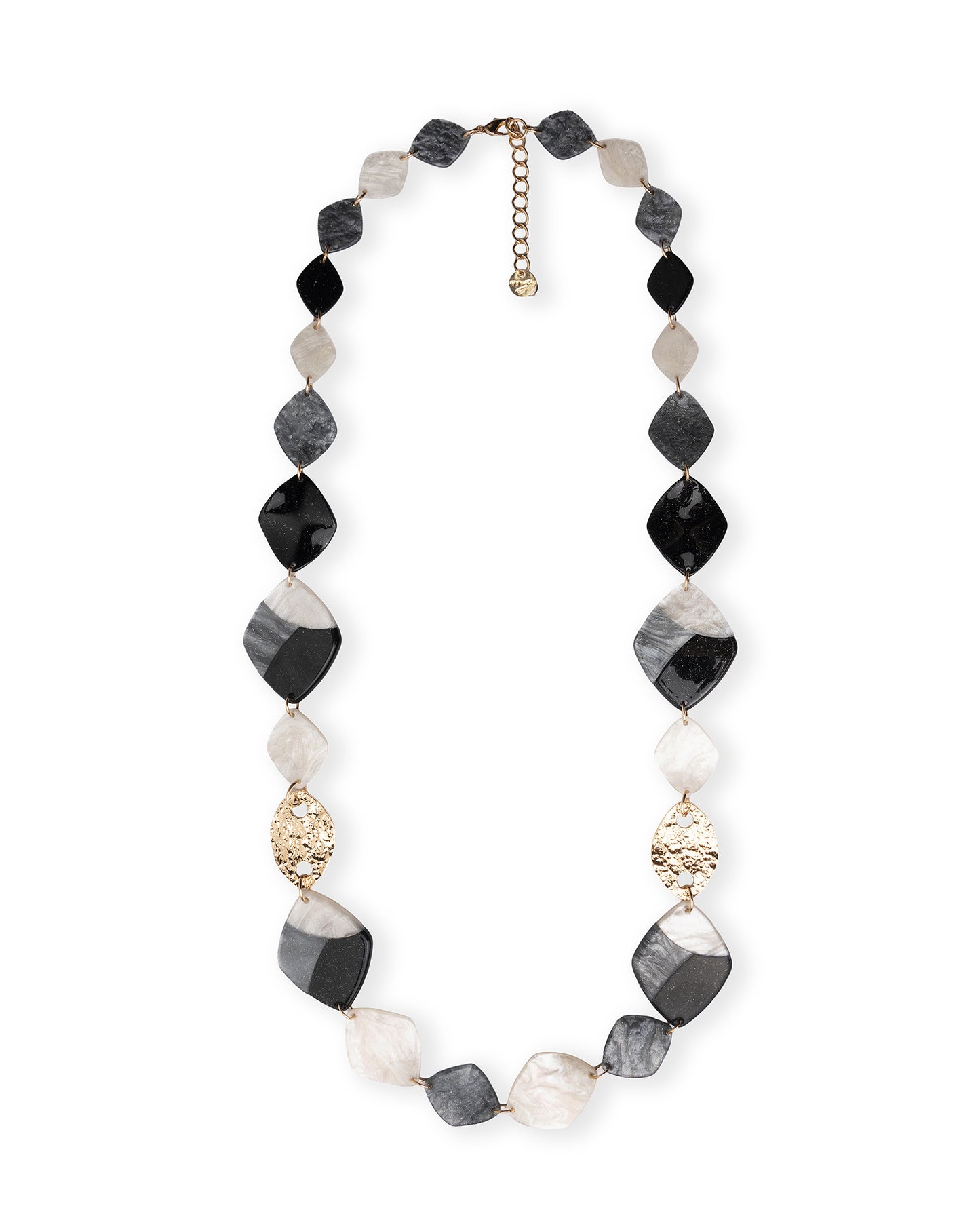 Collana lunga con pietre in acrilico a rombo tono bianco e nero