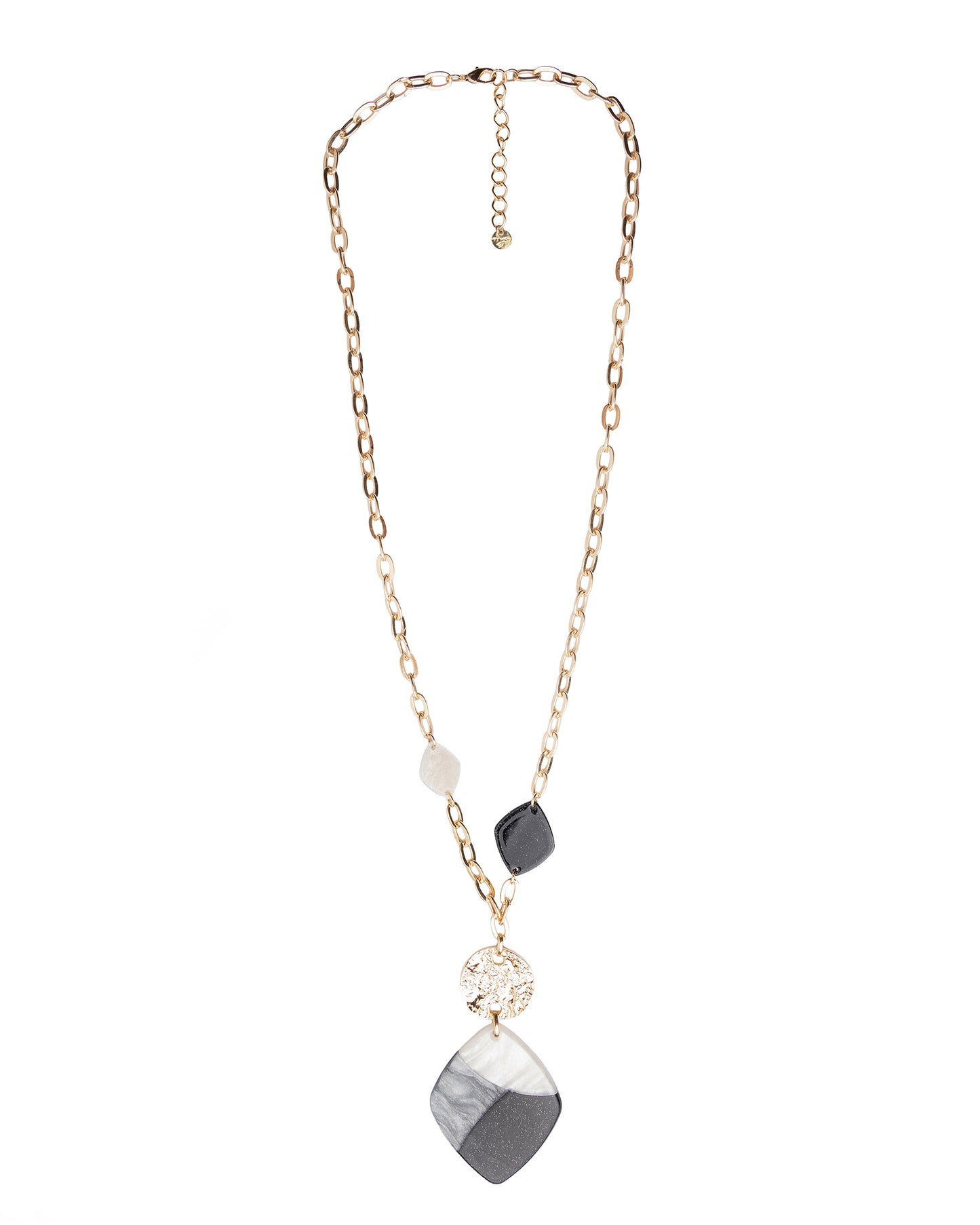 Collana lunga a catena con pendente a forma di rombo in acrilico bianco e nero