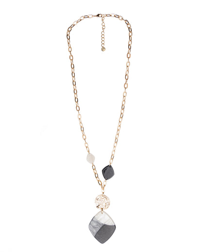 Collana lunga a catena con pendente a forma di rombo in acrilico bianco e nero