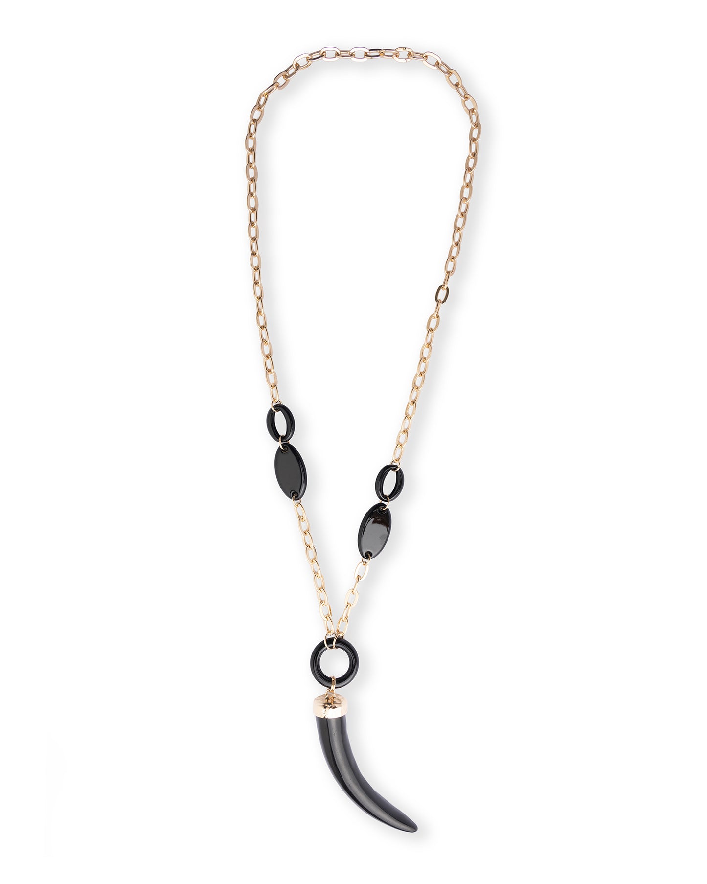 Collana lunga a catena con pendente a forma di corno in resina ed acrilico nero