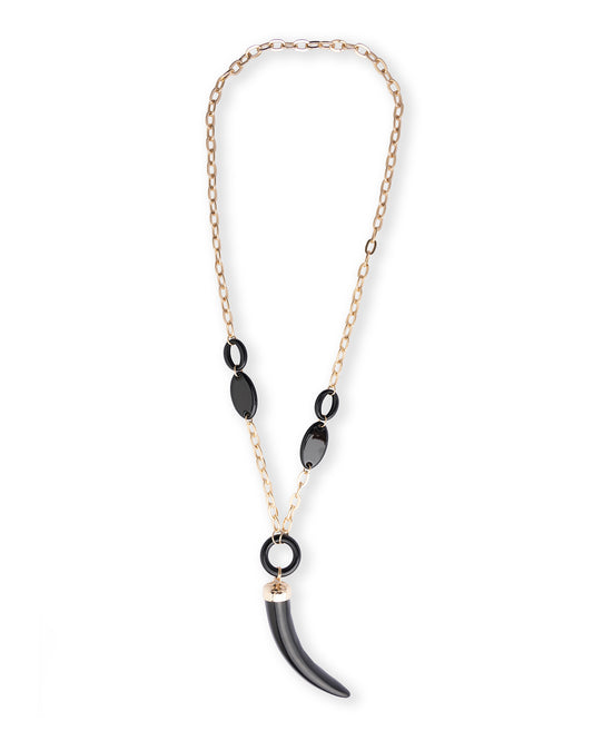 Collana lunga a catena con pendente a forma di corno in resina ed acrilico nero