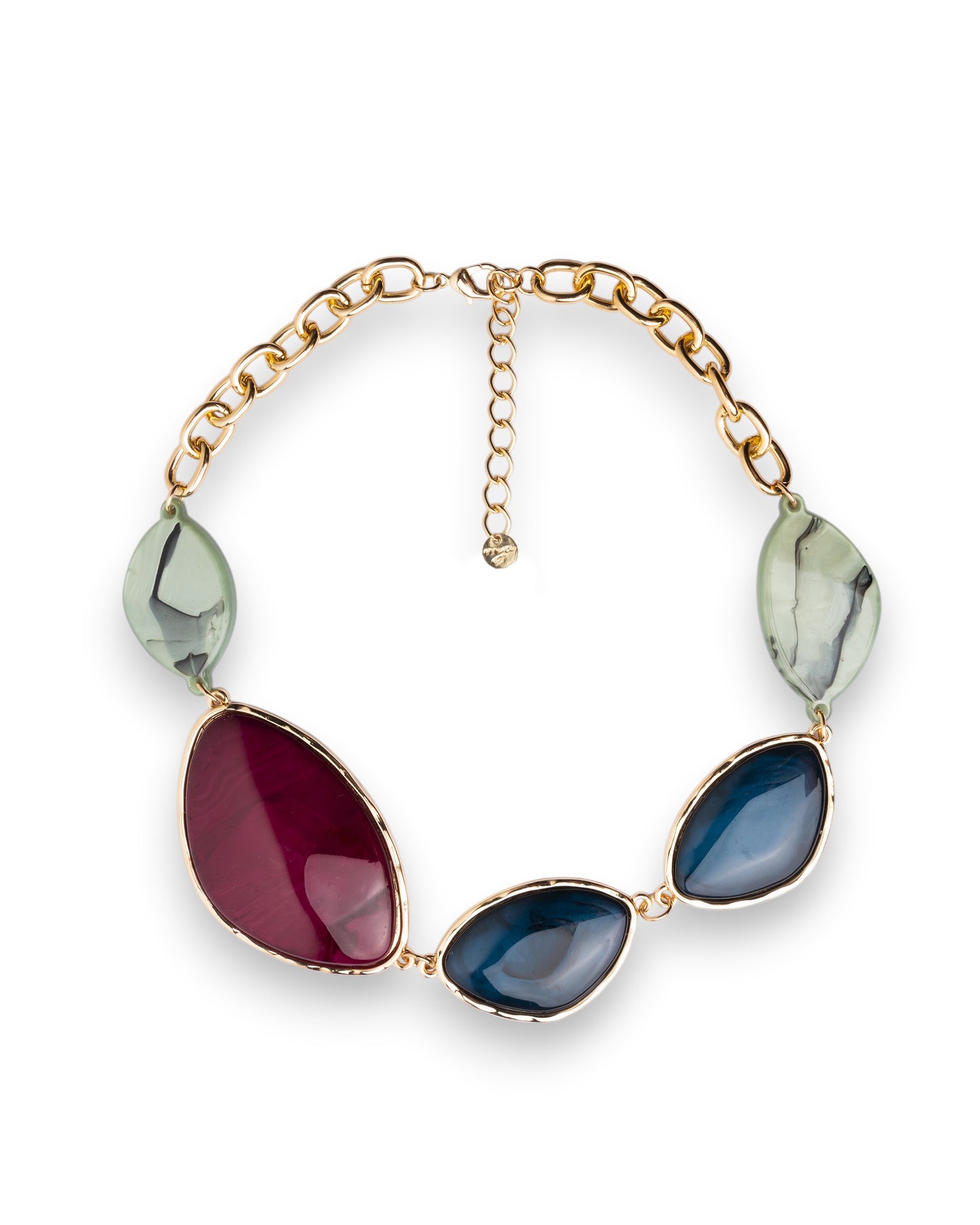Collana girocollo a catena con pietre in acrilico verde, blu e prugna