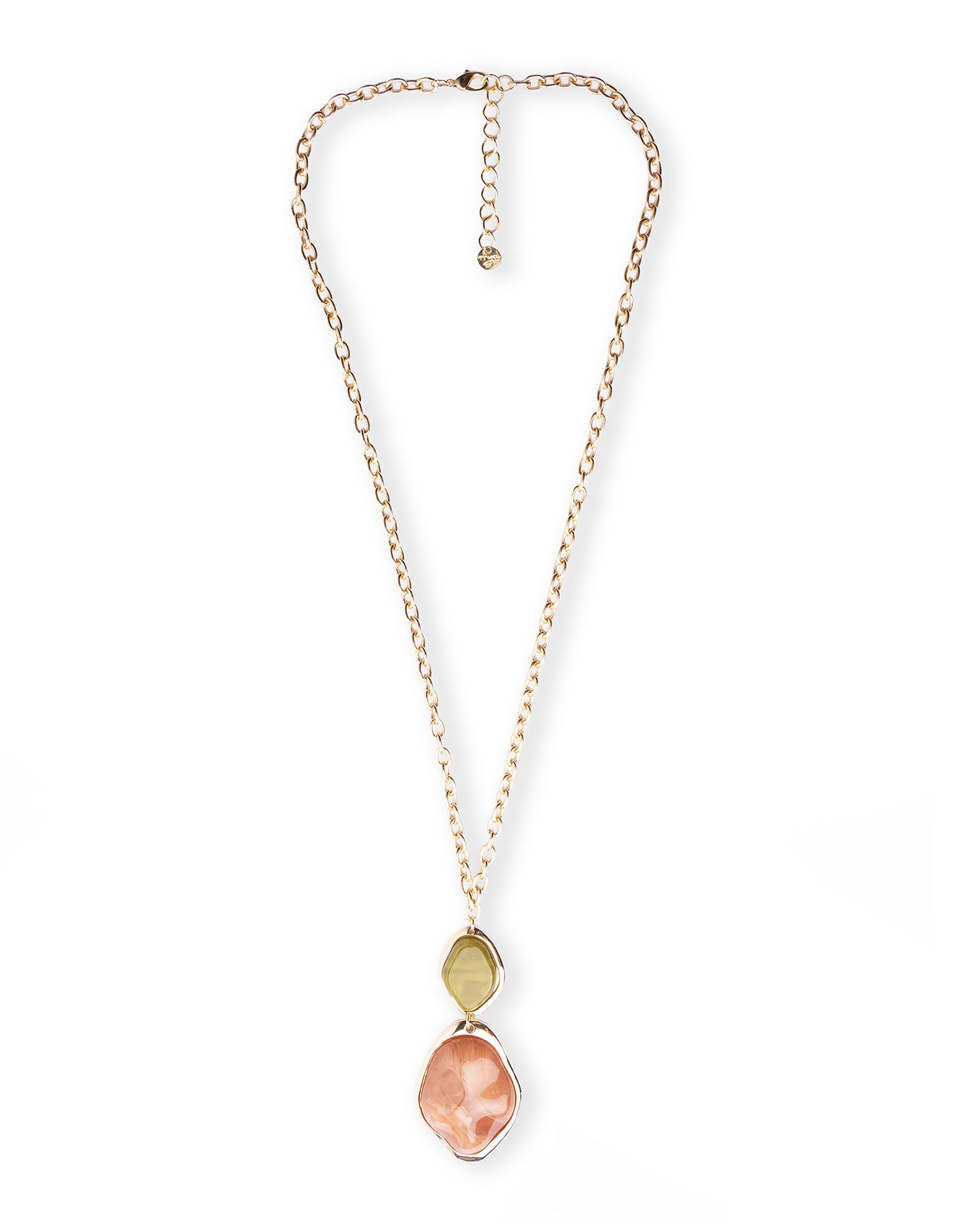 Collana lunga a catena con pendente a due pietre in resina e acrilico nei toni verde e terracotta