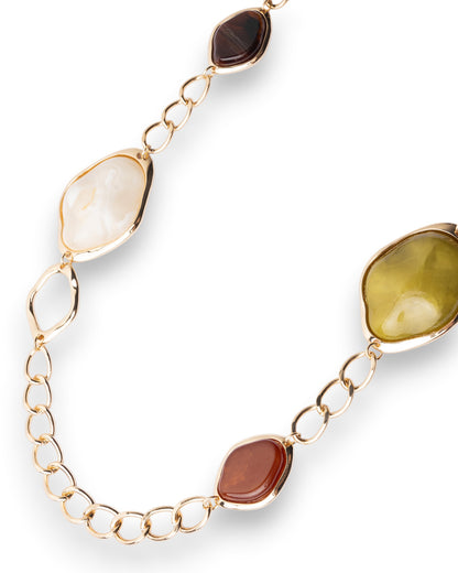 Collana lunga a catena con pietre in resina e acrilico nei toni verde, bianco e marrone