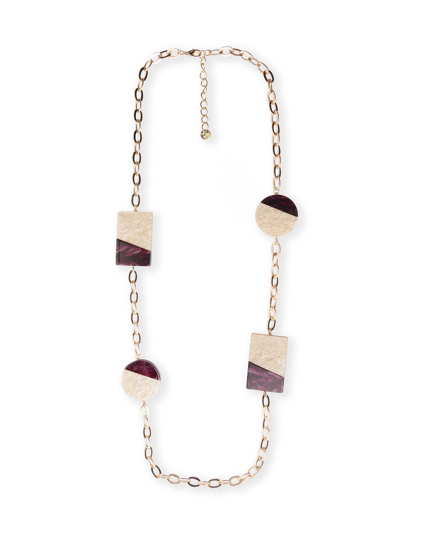 Collana lunga a catena con inserti geometrici in acrilico tono beige e viola