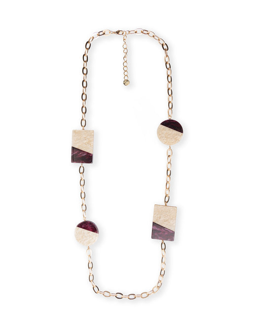 Collana lunga a catena con inserti geometrici in acrilico tono beige e viola