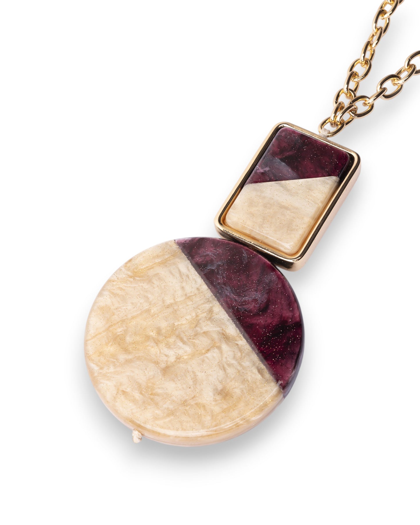 Collana lunga a catena con pendente con elementi geometrici tono beige e viola